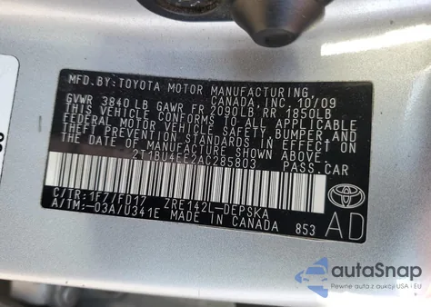 2010 Toyota Corolla Base z USA, uszkodzony, nr VIN 2T1BU4EE2AC285803